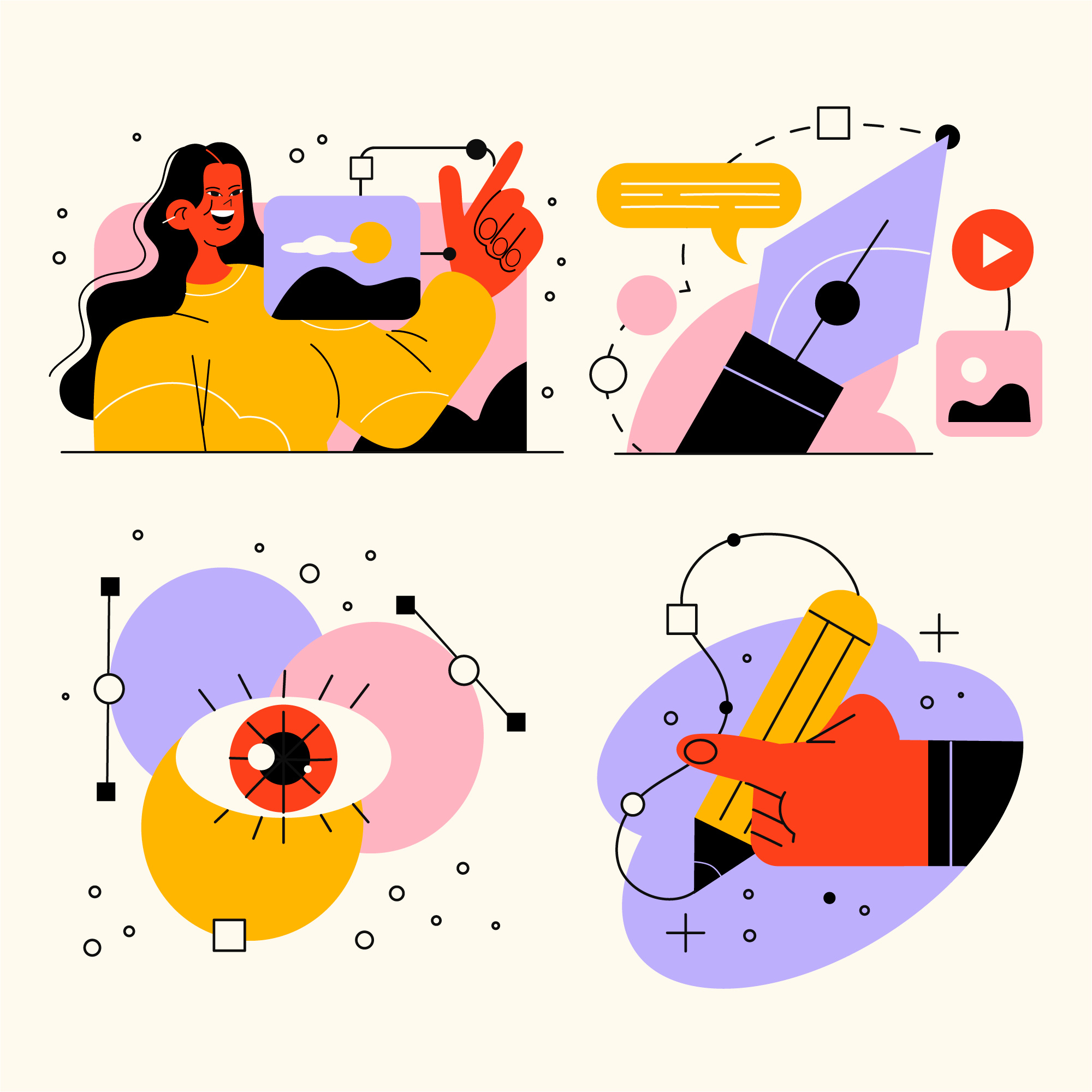 Ilustrações em Flat Design com formas geométricas, cores vibrantes e elementos criativos minimalistas